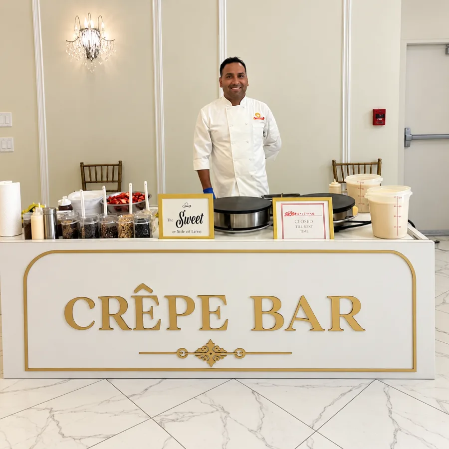A smiling chef in a white chef's coat behind a white station with gold Crêpe Bar lettering, two crepe griddles, topping jars and fresh strawberries