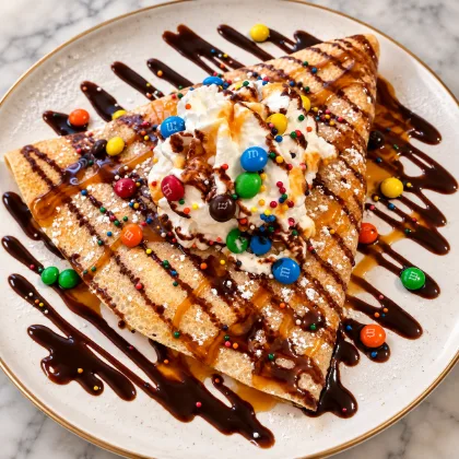 Una crepa doblada con crema batida, M&M's, chispas de colores, jarabe de chocolate y caramelo