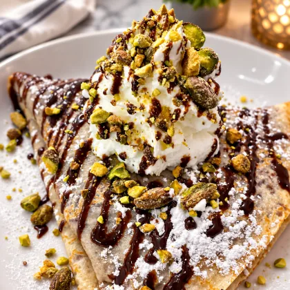 Una crepa doblada con crema batida, pistaches picados, jarabe de chocolate y azúcar glas