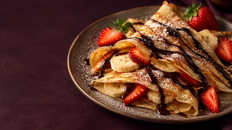 Crepes with strawberries, banana and chocolate being served at an event