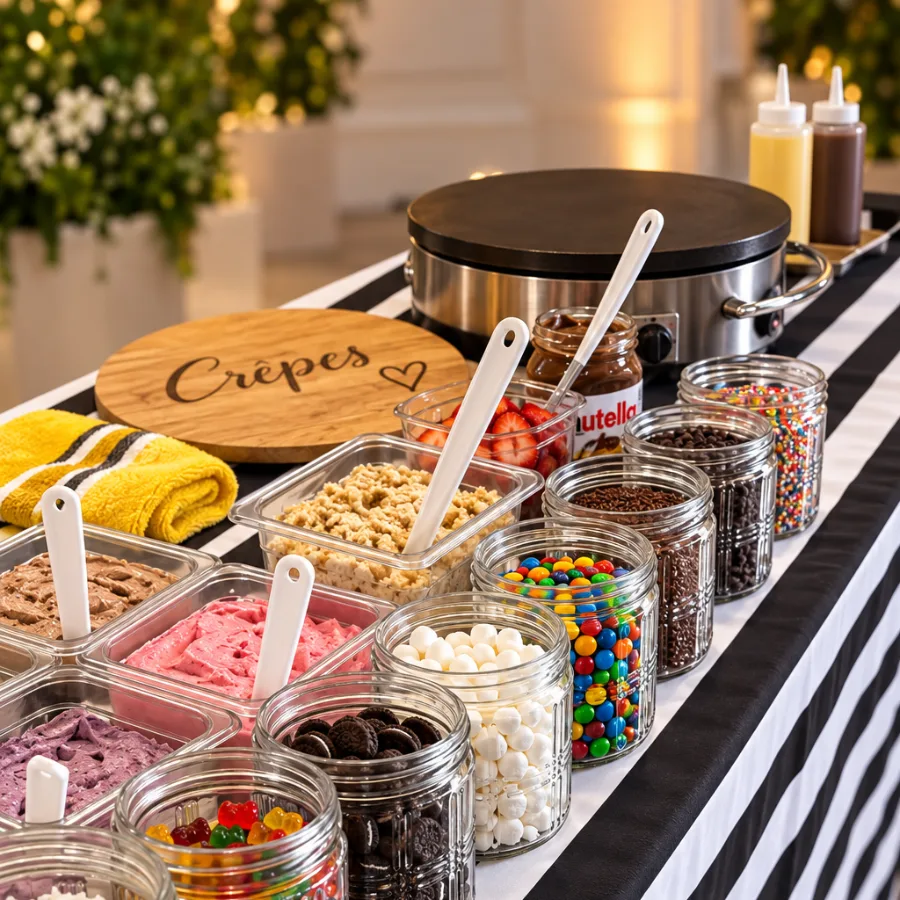 Una estación de crepas con plancha, letrero de Crêpes, Nutella y frascos de M&M's, Oreo, gomitas, malvaviscos y chispas de colores sobre un camino de mesa de rayas