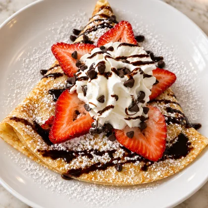 Una crepa doblada con fresas rebanadas, crema batida, chispas de chocolate y un hilo de chocolate