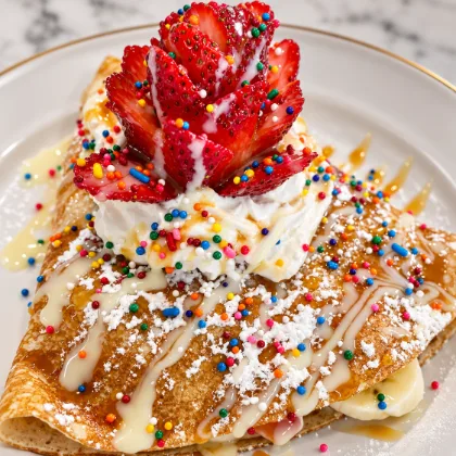 Una crepa doblada con plátano, crema batida, chispas de colores, leche condensada y fresas en forma de rosa