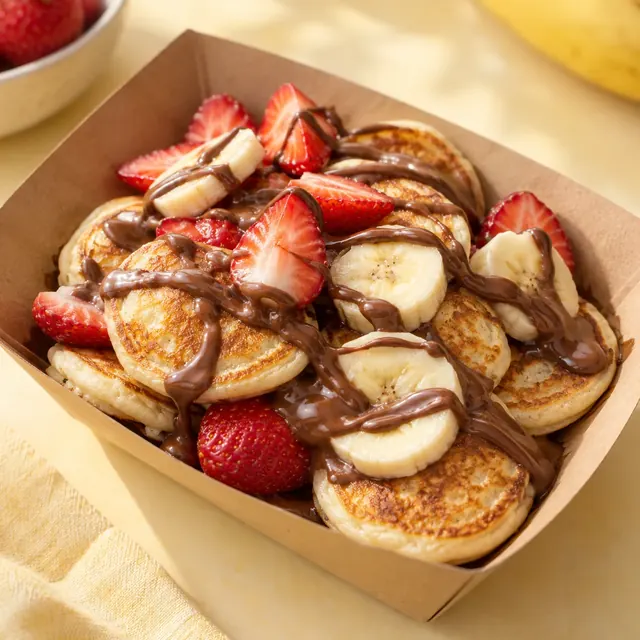 Mini pancakes with strawberries, banana and chocolate drizzle